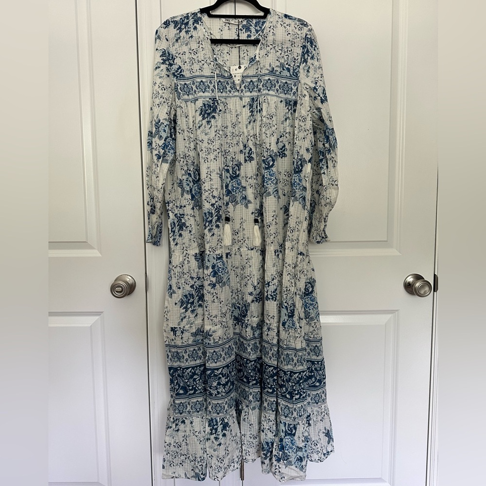 Zara white & blue maxi dress
